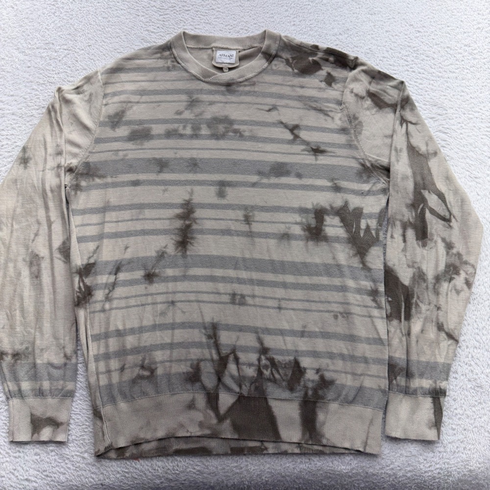 Armani Collezioni Mens Striped Tie Dye Knit Sweater Grey Taupe Crewneck Italy M